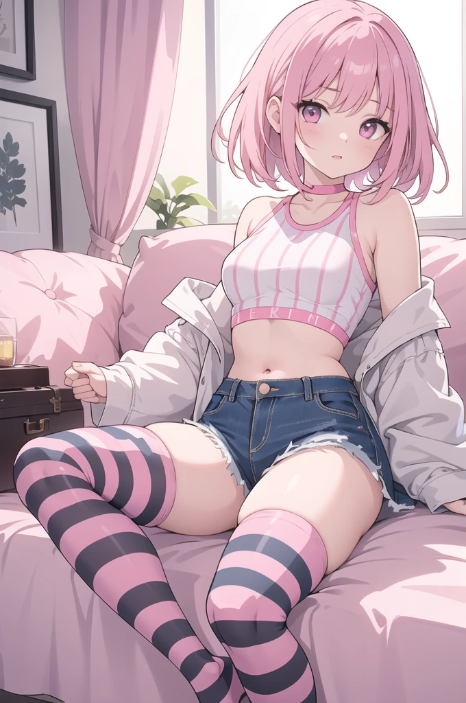 (masterpiece, best quality), 1girl, pink hair, crop top, denim shorts, bedroom, striped thighhighs, skirt