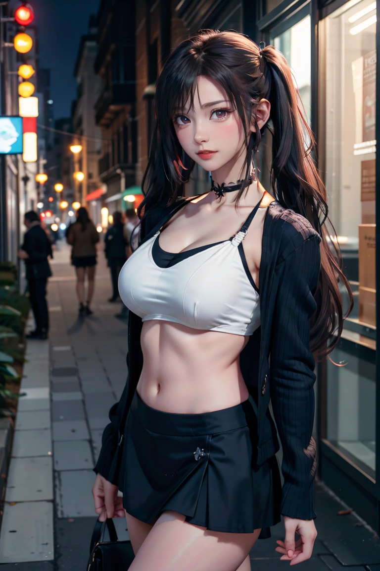 3/4 illustrations,Sensual models,JRPG style,Slim fit body,beautiful ,realism,(Highest quality,4K,8k,High resolution,masterpiece:1.2),(Very detailed,Realistic:1.37),Studio Lighting,Sharp focus,Physically Based Rendering,Digital Art, (girl, Wavy Hair, Twin tails, Asymmetrical bangs, Micro bikini top, blazer, mini skirt, Thighs, choker, smile, Lips parted, Cute expression), (Located in a city alley、Exquisite detail., Street in the background, Late at night)