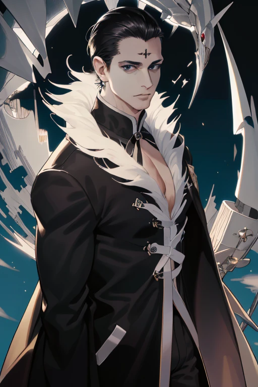 (Absurd, High resolution, Super detailed), (1 male, alone, Adult, mature, Old age, Tall and muscular man, Broad shoulders, good looking), Slicked back hair, Beautiful dark eyes, Big eyes, ( Thick neck, thin short eyebrows), break, Underworld, Black long coat, Fur trim, Highly detailed face, Upper Body,