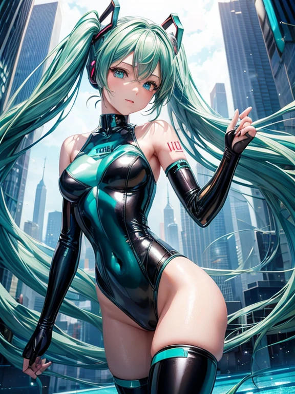 ((Best Quality)), ((Masterpiece)), (detailed), Hatsune Miku, wearing aqua green latex clothing in sexy pose, use a futuristic city background with lots of sparkles.