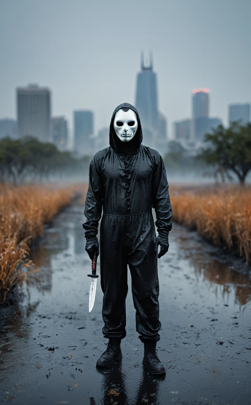Halloween backgrounds、８ｋ、Dark fantasy、City of Halloween、Ultra HD、Amazing image quality,４ｋ、boogeyman、all back、work shoeichael Myers、Black jumpsuit、White Mask、Knife、blood droplets、Full Body Shot,Give the viewer a malicious look, Grabbing Viewer, For the viewer,Misty marshland background,Shallow depth of field, Vignette, Very detailed, High budget, Bokeh, CinemaScope, Sulky, amazing, nice, Film Grain, granular . Creepy, Anxious, dark, Creepyな, Suspenseful, strict, Very detailed