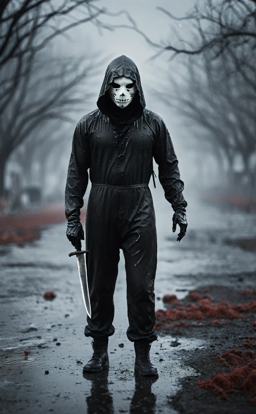 Halloween backgrounds、８ｋ、Dark fantasy、City of Halloween、Ultra HD、Amazing image quality,４ｋ、boogeyman、all back、work shoeichael Myers、Black jumpsuit、White Mask、Knife、blood droplets、Full Body Shot,Give the viewer a malicious look, Grabbing Viewer, For the viewer,Misty marshland background,Shallow depth of field, Vignette, Very detailed, High budget, Bokeh, CinemaScope, Sulky, amazing, nice, Film Grain, granular . Creepy, Anxious, dark, Creepyな, Suspenseful, strict, Very detailed