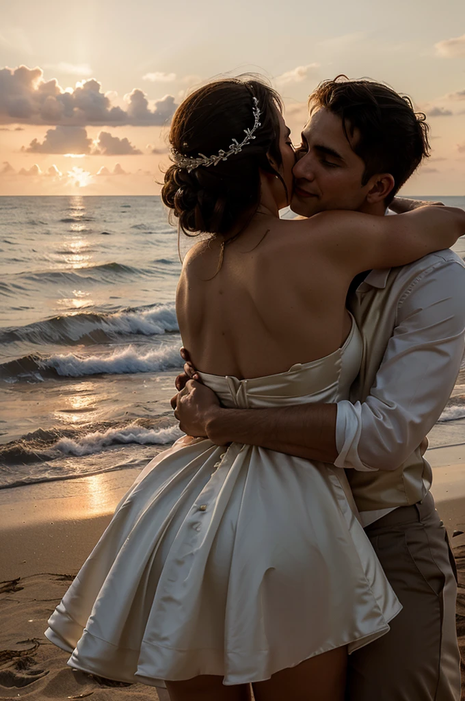 Cuckold chubby white hotwife, brown hair, white bikini, wedding veil, golden necklace, tall man, romantic,man hugging her forma behind, hotel beach, illustrations, ultra-detailed, realistic, vivid colors, full body picture, warm tones, soft lighting, photo from rear