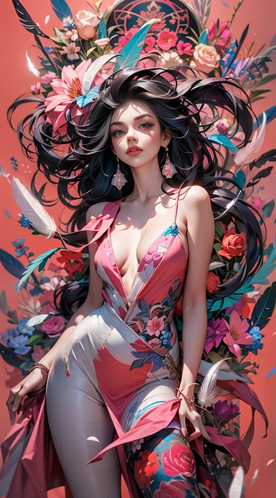 erjie, girl in a fluid and dynamic pose, wearing a loose, flowing pink dress, mysterious expression, curly black and pink hair, [Zhang Ziyi|Aishwarya Rai], in a modern and abstract setting, with bold and colorful abstract art, blurred background, bright lighting, official art, unity 8k wallpaper, (zentangle, mandala, tangle, entangle), intricate clothes,zhongfenghua (full body,from everywhere,masterpiece, top quality, best quality, official art, beautiful and aesthetic:1.2), extremely detailed,(fractal art:1.1),(colorful:1.1)(flowers:1.3),highest detailed,(zentangle:1.2), (dynamic pose), (abstract background:1.3), (shiny skin), (many colors:1.4), (feathers:1.5), dynamic angle, the most beautiful form of chaos, elegant, a brutalist designed, vivid colours, romanticism,