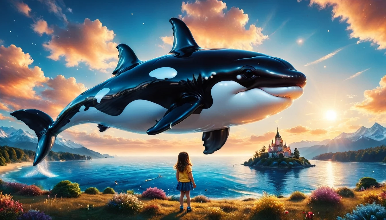 a digital paining of  balloon in the shape of killer whale being held by cute kindergarten girl, High Contrast, (masterpiece:1.5), highest quality, Best aesthetics), 16K fantasy art, best details, best quality, highres, (ultra wide angle: 1.2), 16k, [ultra detailed], masterpiece, best quality, (extremely detailed), magical sky, digital painting, balloonz