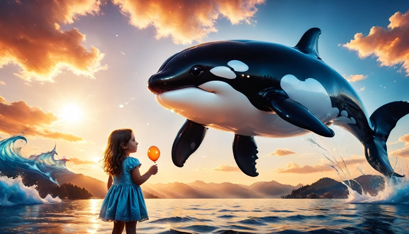 a digital paining of  balloon in the shape of killer whale being held by cute , High Contrast, (masterpiece:1.5), highest quality, Best aesthetics), 16K fantasy art, best details, best quality, highres, (ultra wide angle: 1.2), 16k, [ultra detailed], masterpiece, best quality, (extremely detailed), magical sky, digital painting, balloonz