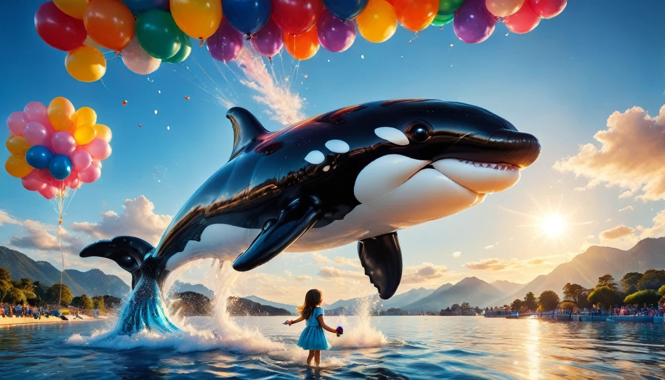 a digital paining of  balloon in the shape of killer whale being held by cute kindergarten girl, High Contrast, (masterpiece:1.5), highest quality, Best aesthetics), 16K fantasy art, best details, best quality, highres, (ultra wide angle: 1.2), 16k, [ultra detailed], masterpiece, best quality, (extremely detailed), magical sky, digital painting, balloonz