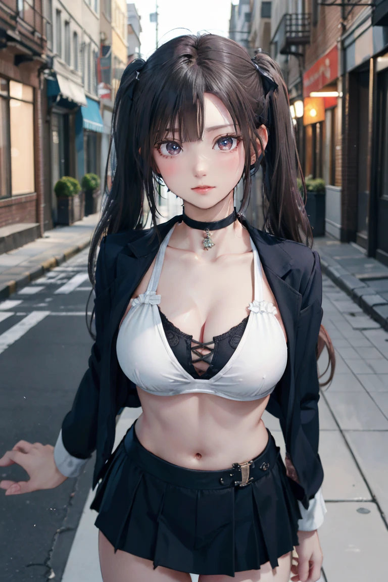 3/4 illustrations,Sensual models,JRPG style,Slim fit body,beautiful ,realism,(Highest quality,4K,8k,High resolution,masterpiece:1.2),(Very detailed,Realistic:1.37),Studio Lighting,Sharp focus,Physically Based Rendering,Digital Art, (girl, Wavy Hair, Twin tails, Asymmetrical bangs, Micro ?????? top, blazer, mini skirt, Thighs, choker, smile, Lips parted, Cute expression), (Located in a city alley、Exquisite detail., Street in the background, Late at night)