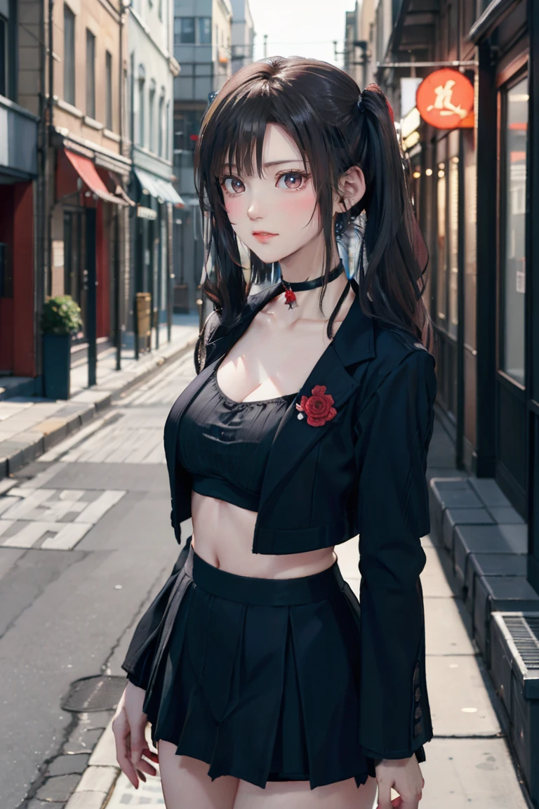 3/4 illustrations,Sensual models,JRPG style,Slim fit body,beautiful ,realism,(Highest quality,4K,8k,High resolution,masterpiece:1.2),(Very detailed,Realistic:1.37),Studio Lighting,Sharp focus,Physically Based Rendering,Digital Art, (girl, Wavy Hair, Twin tails, Asymmetrical bangs, Micro bikini top, blazer, mini skirt, Thighs, choker, smile, Lips parted, Cute expression), (Located in a city alley、Exquisite detail., Street in the background, Late at night)