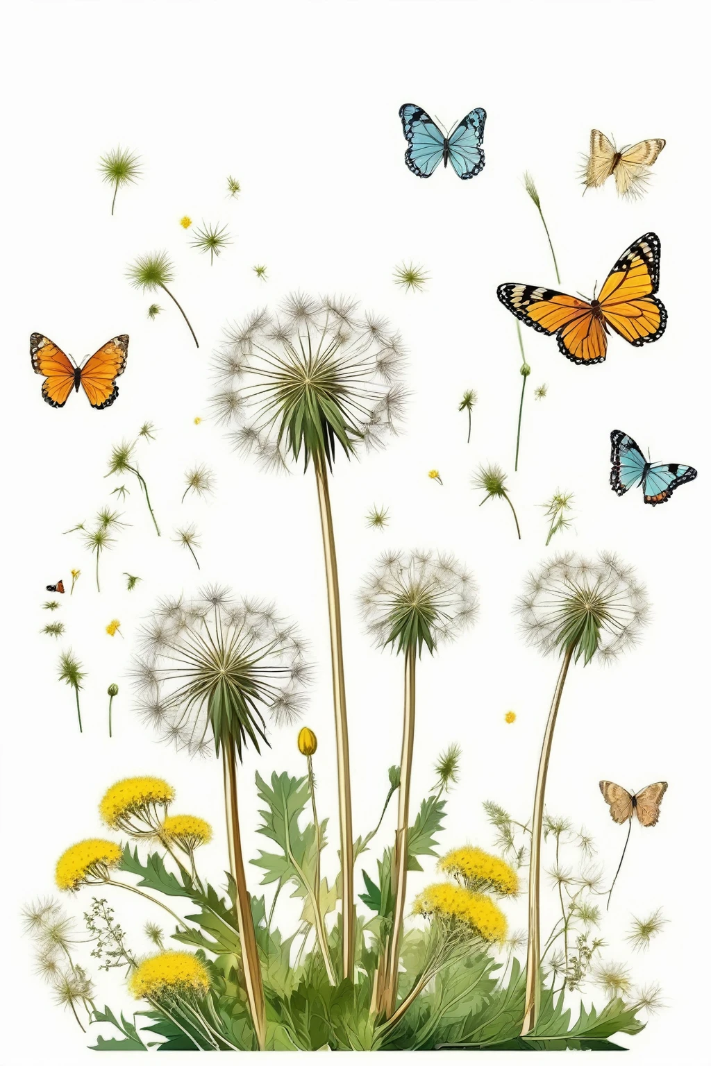 Century Plant Illustrations - Fresh Style、High-quality plant graphic illustrations，Dandelion，There are weeds and small flowers growing beside it，Butterflies flying around，Bohemian style，Realistic style，light，White background