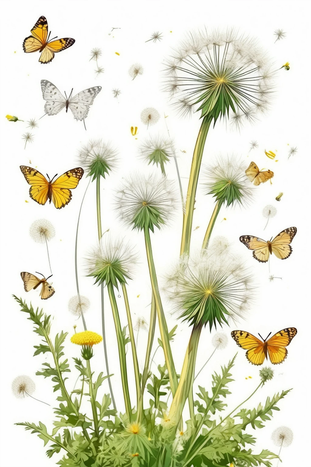 Century Plant Illustrations - Fresh Style、High-quality plant graphic illustrations，Dandelion，There are weeds and small flowers growing beside it，Butterflies flying around，Bohemian style，Realistic style，light，White background