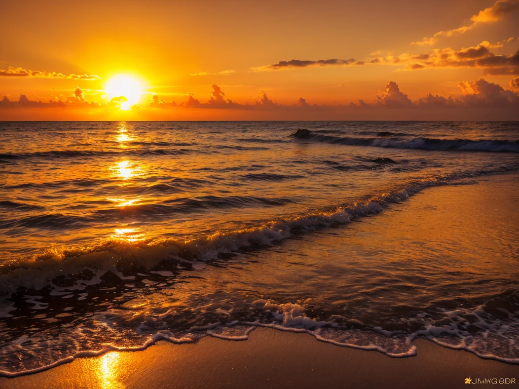 a beautiful sunset landscape, sun setting over a calm ocean, golden sunlight reflecting on the water, glowing sky with warm colors, silhouettes of palm trees, tropical beach scene, dramatic lighting, (best quality,4k,8k,highres,masterpiece:1.2),ultra-detailed,(realistic,photorealistic,photo-realistic:1.37),vibrant colors,cinematic composition,intricate details,golden hour lighting