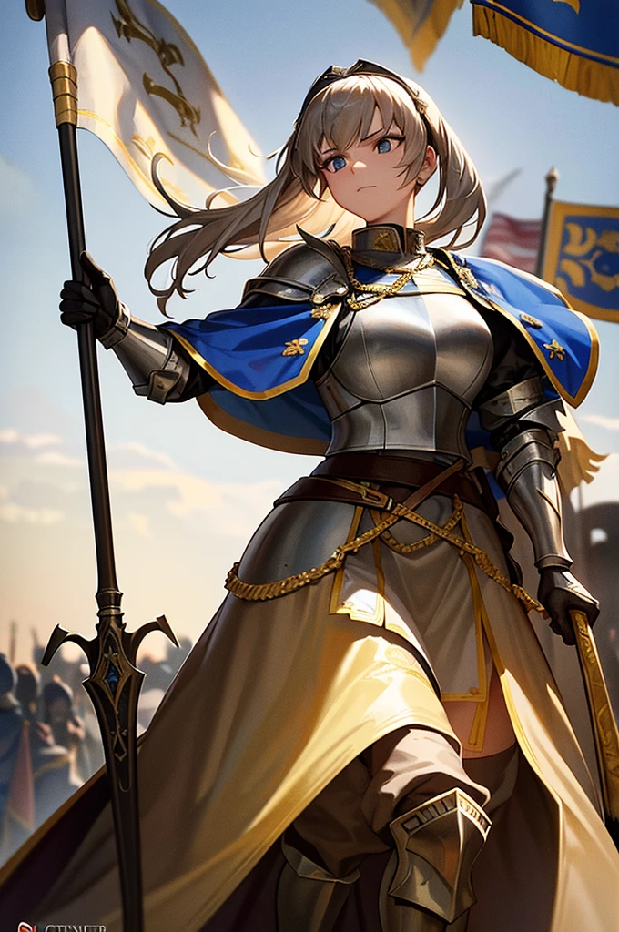 Content: A dynamic illustration of General Joan of Arc, depicted as a commanding and resolute leader in a battlefield scene. She is clad in a stylized medieval armor that reflects her iconic historical image, complete with a silver chestplate, blue and gold accents, and a flowing blue cape. Her long hair flows freely beneath a shining helmet, and she holds a sword aloft with a determined expression on her face. She stands amidst a battleground, rallying her troops, with flags and banners waving behind her, symbolizing her unwavering spirit and leadership.

Medium: Digital art, character illustration.

Style: The art style is inspired by the vibrant, detailed, and slightly stylized approach seen in the popular mobile game European War 7 by EasyTech. This style combines realistic details with colorful, eye-catching elements to create a heroic and dramatic effect.

Lighting: Strong, directional lighting highlighting Joan of Arc’s figure, casting dramatic shadows that emphasize her armor and the dynamic setting.

Colours: A rich and bold color palette featuring blues, golds, and silvers, contrasted by the earthy tones of the battlefield and the bright reds of the flags and banners.

Composition: A three-quarter view with a 50mm lens, focusing on Joan of Arc in the foreground, with the battlefield stretching out behind her. The image captures a moment of action and inspiration, with Joan of Arc at the center of the composition, commanding attention and respect.