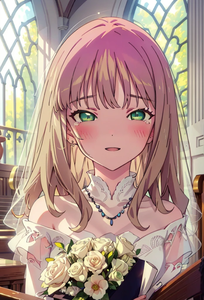 minami yume ,sss Dynazenon ,Long Hair, Brown Hair, (Green Eyes:1.5) ,blush,happy smile, smile, Open your mouth,Off-the-shoulder wedding dresses,Wedden Skirt,necklace,Veil,bouquet,Close both eyes,Tears stream down her face,Tears of joy,I cry a lot,　　　　　　　　　　　　 
 break looking at viewer, whole body,(Cowboy Shot:1. 5) 　　　　　　　　　　　　　　　　　　　break indoors, Chapel,church, 　　　　　　　　　　　break (masterpiece:1.2), Highest quality, High resolution, unity 8k wallpaper, (shape:0.8), (Beautiful attention to detail:1.6), Highly detailed face, Perfect lighting, Highly detailed CG, (Perfect hands, Perfect Anatomy),