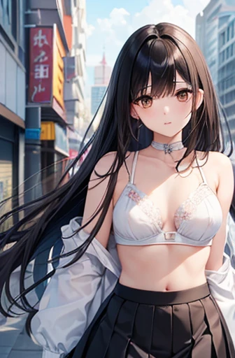 Highest quality, High resolution,1 female,thin、Small face、Brown eyes、expensive、city、Black hair break、Long Hair、(White bra top:1.4 Break)、(Black Skirt:1.2)、(Beautiful woman:1.5)、Age 25、mature、Abdominal Peek,Large Breasts
