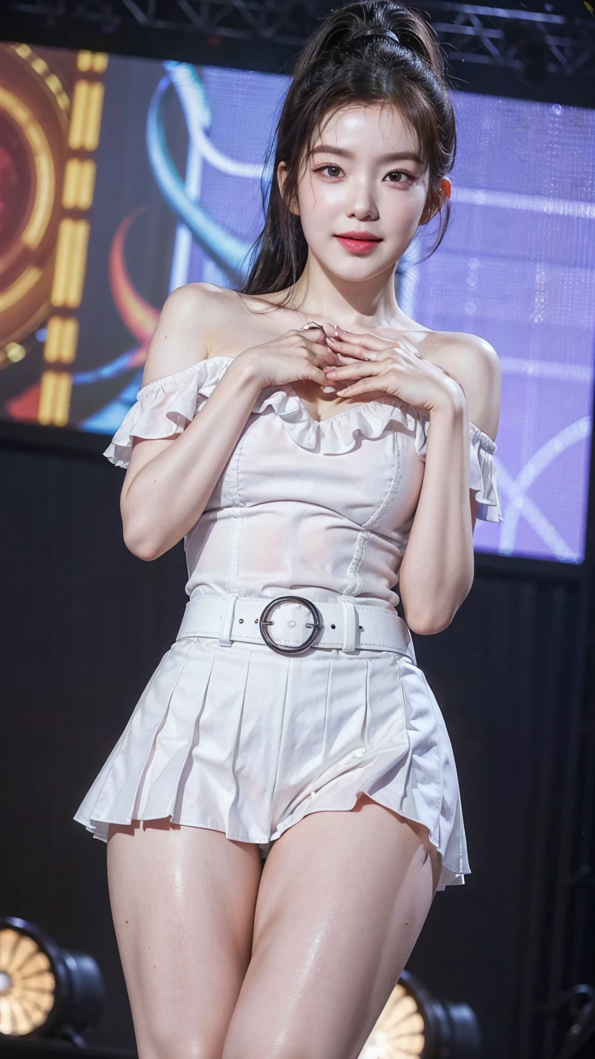 (8k), (highest quality: 1.2), (Realistic), (Realistic: 1.47), Ultra-high resolution, 1 girl, cute, smile, Mouth closed, (Thick lips:1.2),Red lips,Beautiful details, Beautiful Nose,(Straight shiny black hair),(ponytail),Stand on the concert stage,Hold the microphone in your right hand,Bend your elbows and raise your hands,(University uniform,stripe loose fit white shirts formal:1.2),(Pleated skirt),(open shirt:1.3),(Calvin Klein sports bra:1.2),(knees),(Medium Shot),