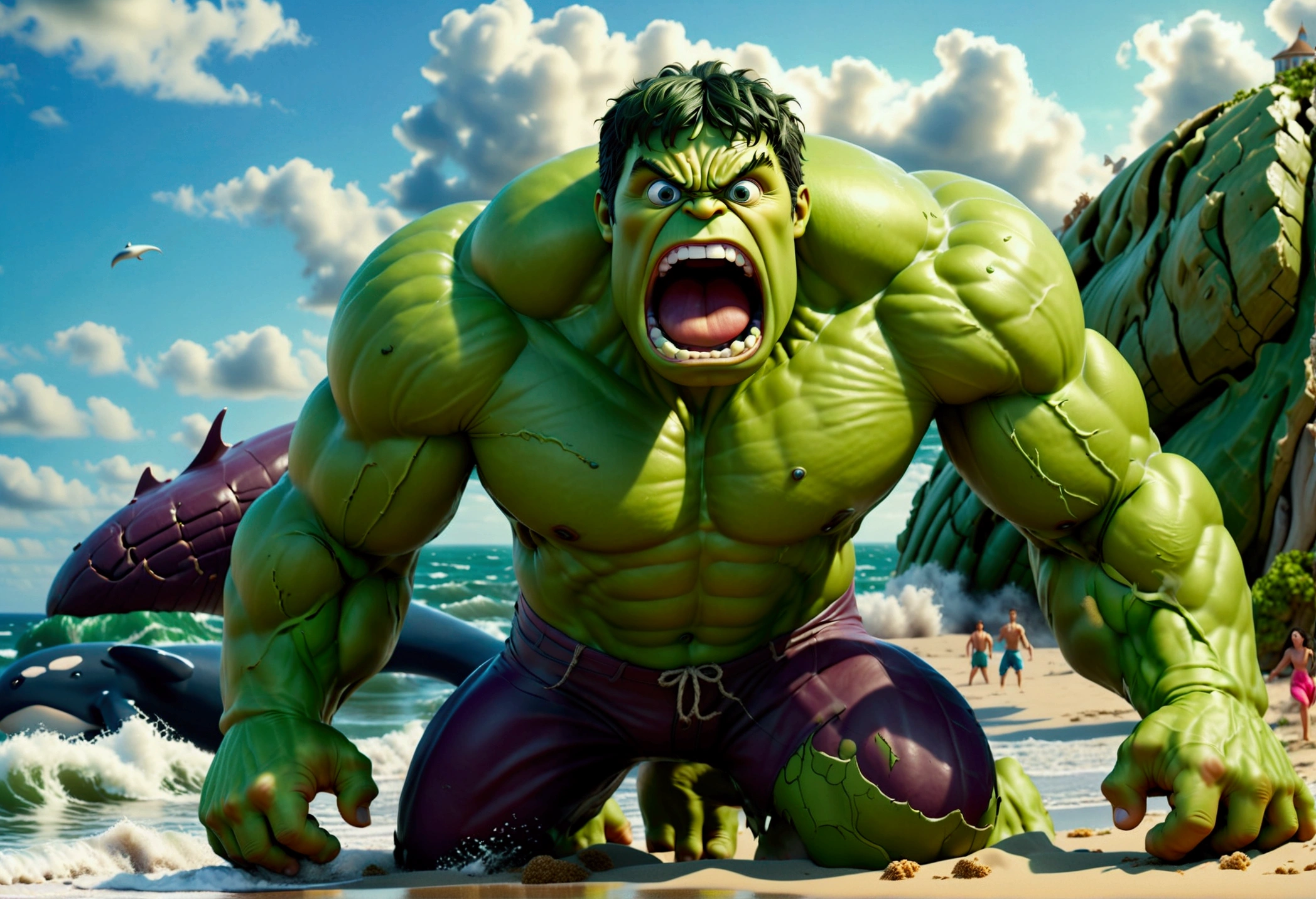 A muscular green humanoid figure, The Incredible Hulk, standing on a beach, has just thrown a massive whale back towards the ocean, the whale mid-air with huge eyes and an open shocked mouth, comical scene, (best quality,4k,8k,highres,masterpiece:1.2),ultra-detailed,(realistic,photorealistic,photo-realistic:1.37),hyperrealistic,3D render,dramatic lighting,vibrant colors,action pose,ocean background,beach setting