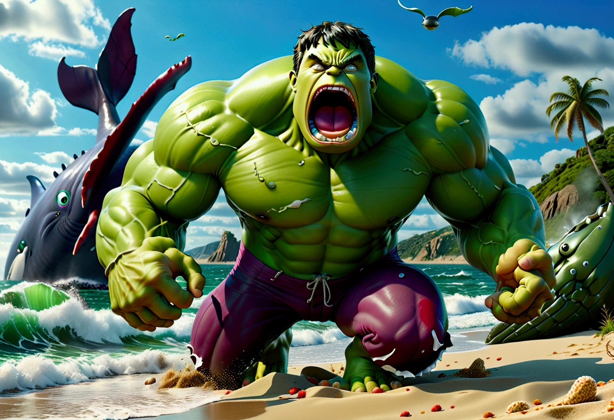 A muscular green humanoid figure, The Incredible Hulk, standing on a beach, has just thrown a massive whale back towards the ocean, the whale mid-air with huge eyes and an open shocked mouth, comical scene, (best quality,4k,8k,highres,masterpiece:1.2),ultra-detailed,(realistic,photorealistic,photo-realistic:1.37),hyperrealistic,3D render,dramatic lighting,vibrant colors,action pose,ocean background,beach setting