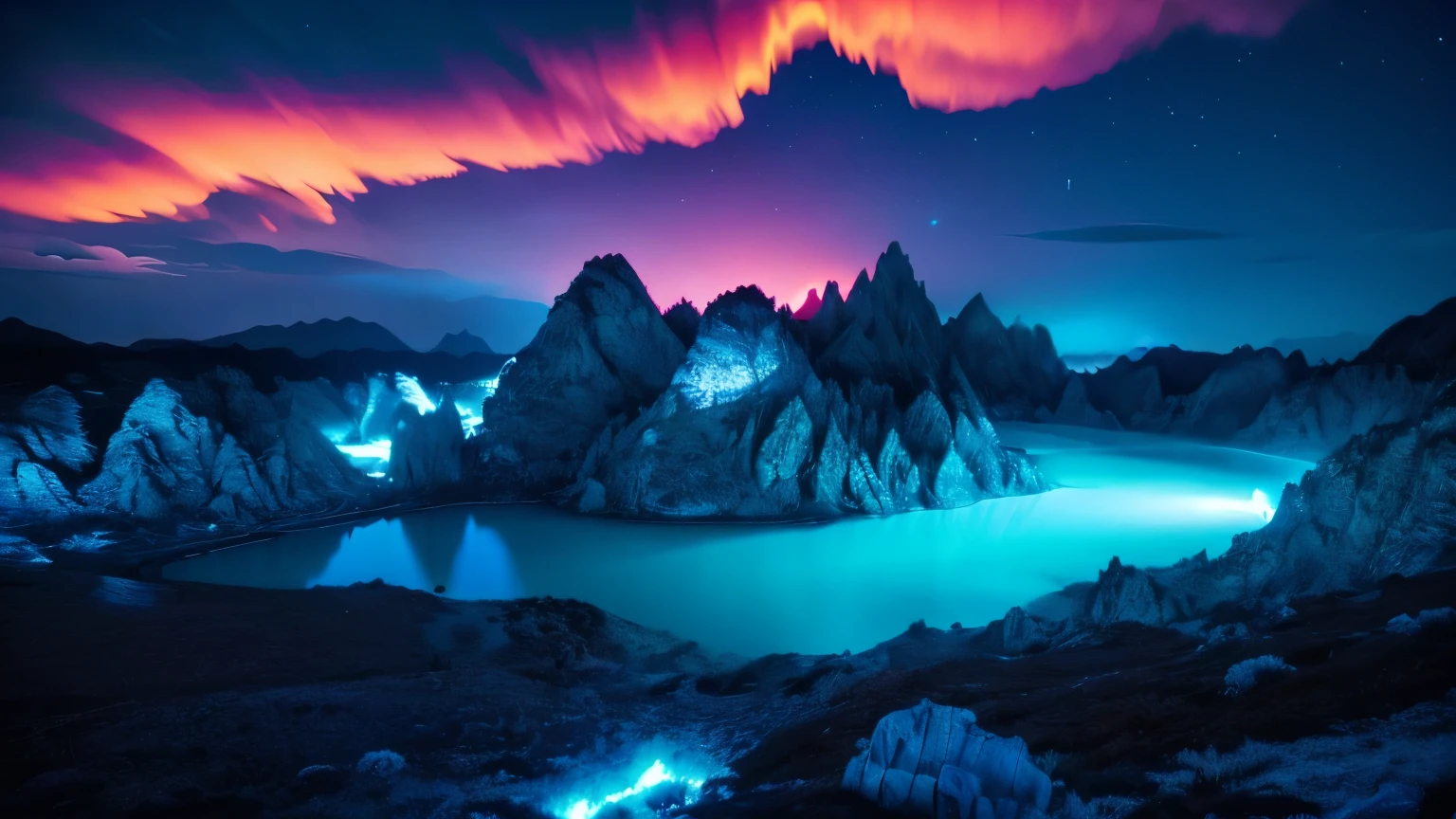 Generate a breathtaking and unique landscape photo using SDXL. The scene should depict a surreal and otherworldly environment where towering, jagged mountains are covered in bioluminescent vegetation that glows in shades of blue and green. A crystalline river winds its way through the valley, its water shimmering with iridescent hues under the light of a large, luminescent moon hanging low in the sky. The sky is filled with vibrant, swirling colors of a twilight that blends purples, pinks,