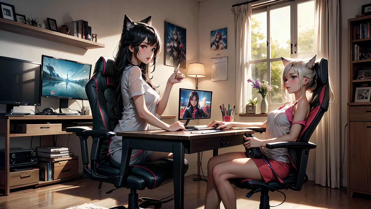 Create a top-quality image of a beautiful 25-year-old wolf girl with tan skin. She has long greyish wolf like hair and beautiful eyes, wearing a see-through top that barely covers her nipples, highlighting her perfect figure. She is also wearing sleep shorts. The girl is sitting in a modern gaming chair in a dimly lit, modern room with the window open and it is night time, allowing a gentle breeze to flow in. She poses in a seductive manner, facing the camera. Her room is filled with modern nerdy items that show her love for video games and anime, including gaming equipment like a high-end gaming PC, sleek gaming desk, ergonomic gaming chair, and the latest gaming console, as well as stylish anime posters and figurines. The image should exhibit high-quality visual artistry, with intricate details, capturing a cozy and alluring atmosphere.