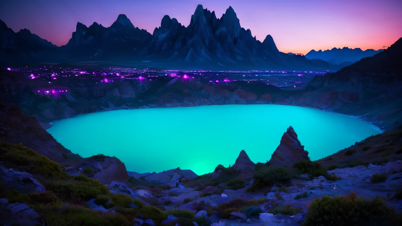 Generate a breathtaking and unique landscape photo using SDXL. The scene should depict a surreal and otherworldly environment where towering, jagged mountains are covered in bioluminescent vegetation that glows in shades of blue and green. A crystalline river winds its way through the valley, its water shimmering with iridescent hues under the light of a large, luminescent moon hanging low in the sky. The sky is filled with vibrant, swirling colors of a twilight that blends purples, pinks,