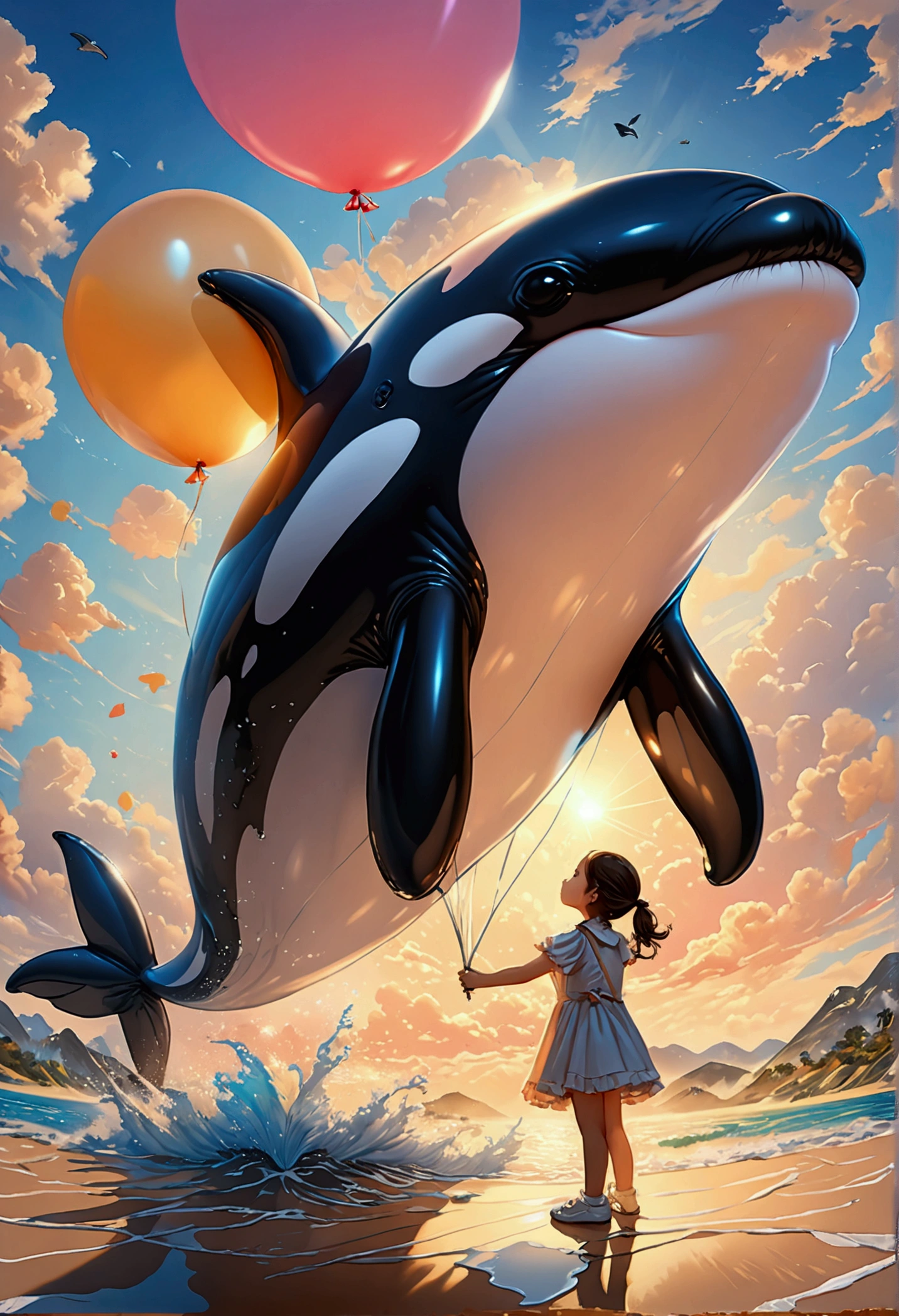 a digital paining of  balloon in the shape of killer whale being held by cute kindergarten girl, High Contrast, (masterpiece:1.5), highest quality, Best aesthetics), 16K fantasy art, best details, best quality, highres, (ultra wide angle: 1.2), 16k, [ultra detailed], masterpiece, best quality, (extremely detailed), magical sky, digital painting