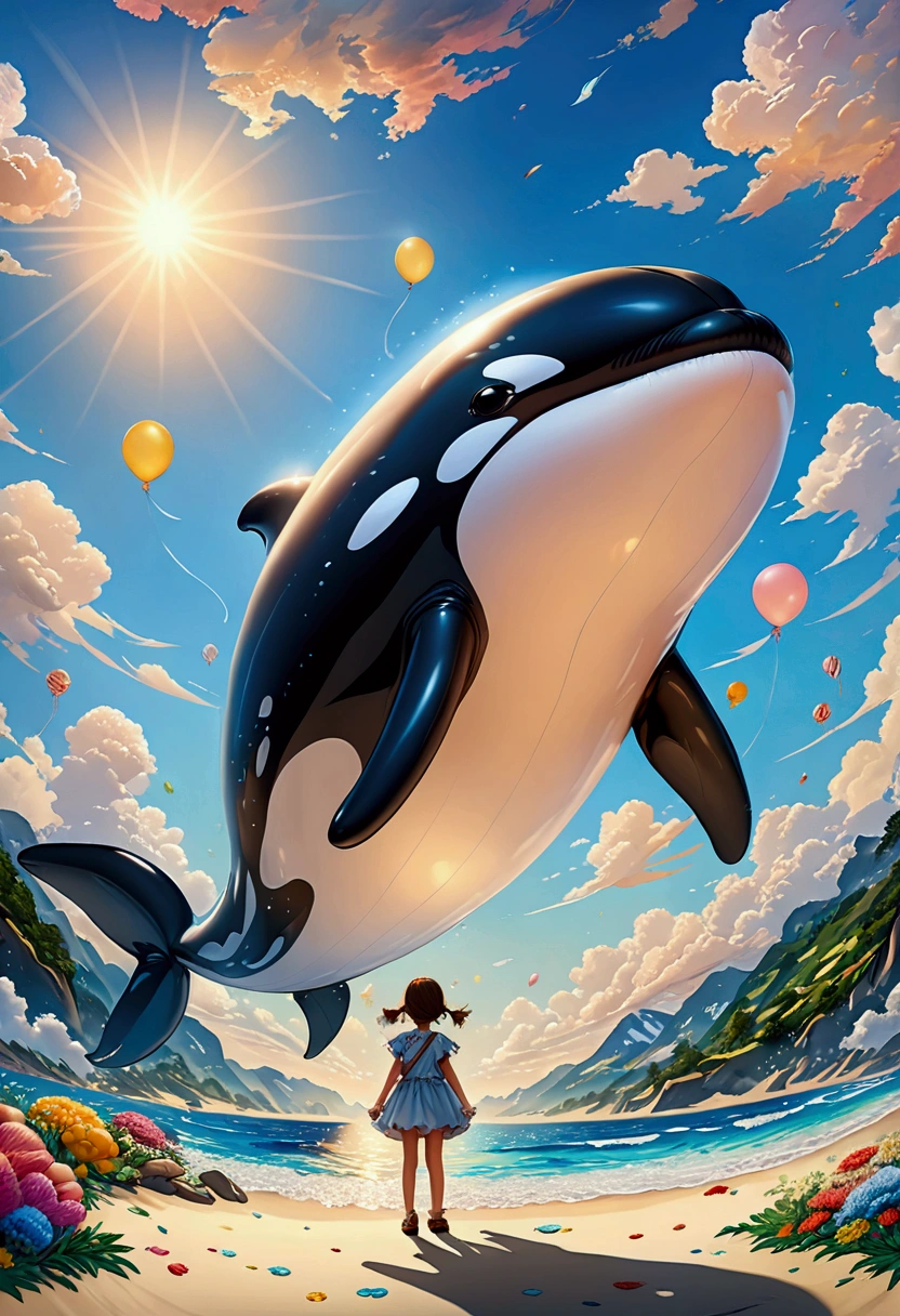 a digital paining of  balloon in the shape of killer whale being held by cute kindergarten girl, High Contrast, (masterpiece:1.5), highest quality, Best aesthetics), 16K fantasy art, best details, best quality, highres, (ultra wide angle: 1.2), 16k, [ultra detailed], masterpiece, best quality, (extremely detailed), magical sky, digital painting