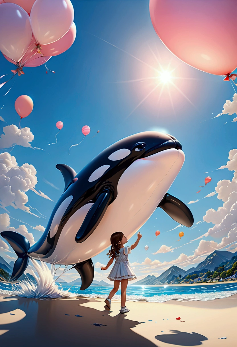 a digital paining of  (balloon in the shape of blue whale) ((being held by a cute kindergarten girl)), High Contrast, (masterpiece:1.5), highest quality, Best aesthetics), 16K fantasy art, best details, best quality, highres, (ultra wide angle: 1.2), 16k, [ultra detailed], masterpiece, best quality, (extremely detailed), magical sky, digital painting, balloonz