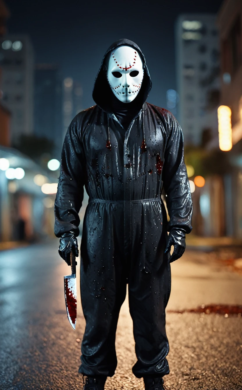 Halloween backgrounds、８ｋ、Dark fantasy、City of Halloween、Ultra HD、Amazing image quality,４ｋ、boogeyman、all back、work shoeichael Myers、Black jumpsuit、White Mask、Knife、blood droplets、Full Body Shot,Give the viewer a malicious look, Grabbing Viewer, For the viewer,Shallow depth of field, Vignette, Very detailed, High budget, Bokeh, CinemaScope, Sulky, amazing, nice, Film Grain, granular . Creepy, Anxious, dark, Creepyな, Suspenseful, strict, Very detailed
