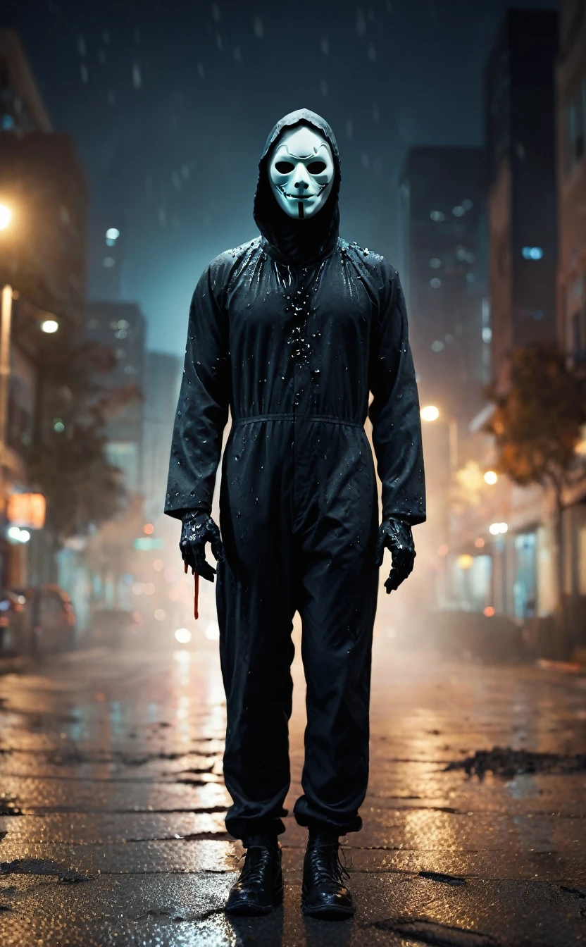 Halloween backgrounds、８ｋ、Dark fantasy、City of Halloween、Ultra HD、Amazing image quality,４ｋ、boogeyman、all back、work shoeichael Myers、Black jumpsuit、White Mask、Knife、blood droplets、Full Body Shot,Give the viewer a malicious look, Grabbing Viewer, For the viewer,Shallow depth of field, Vignette, Very detailed, High budget, Bokeh, CinemaScope, Sulky, amazing, nice, Film Grain, granular . Creepy, Anxious, dark, Creepyな, Suspenseful, strict, Very detailed