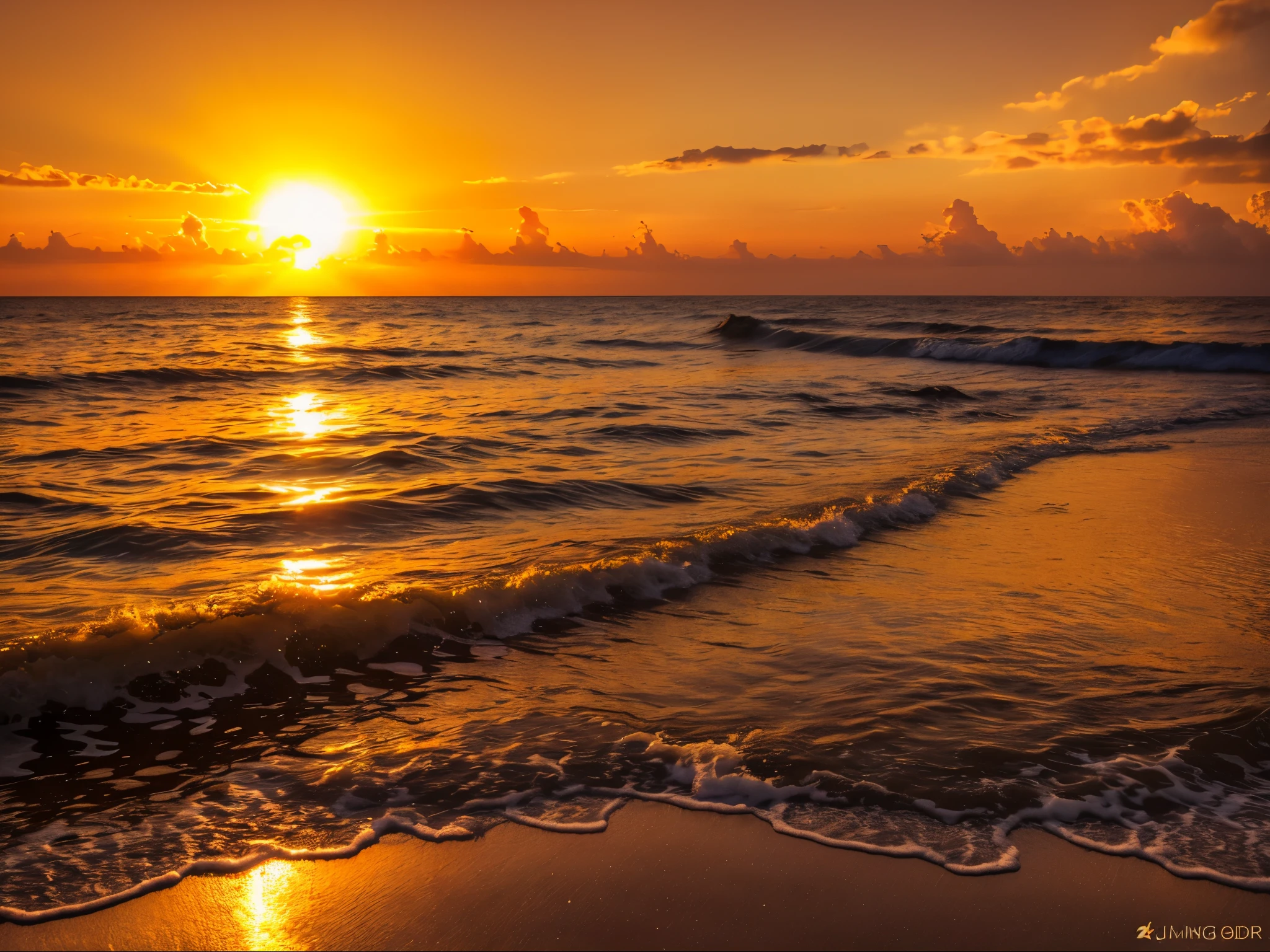 a beautiful sunset landscape, sun setting over a calm ocean, golden sunlight reflecting on the water, glowing sky with warm colors, silhouettes of palm trees, tropical beach scene, dramatic lighting, (best quality,4k,8k,highres,masterpiece:1.2),ultra-detailed,(realistic,photorealistic,photo-realistic:1.37),vibrant colors,cinematic composition,intricate details,golden hour lighting
