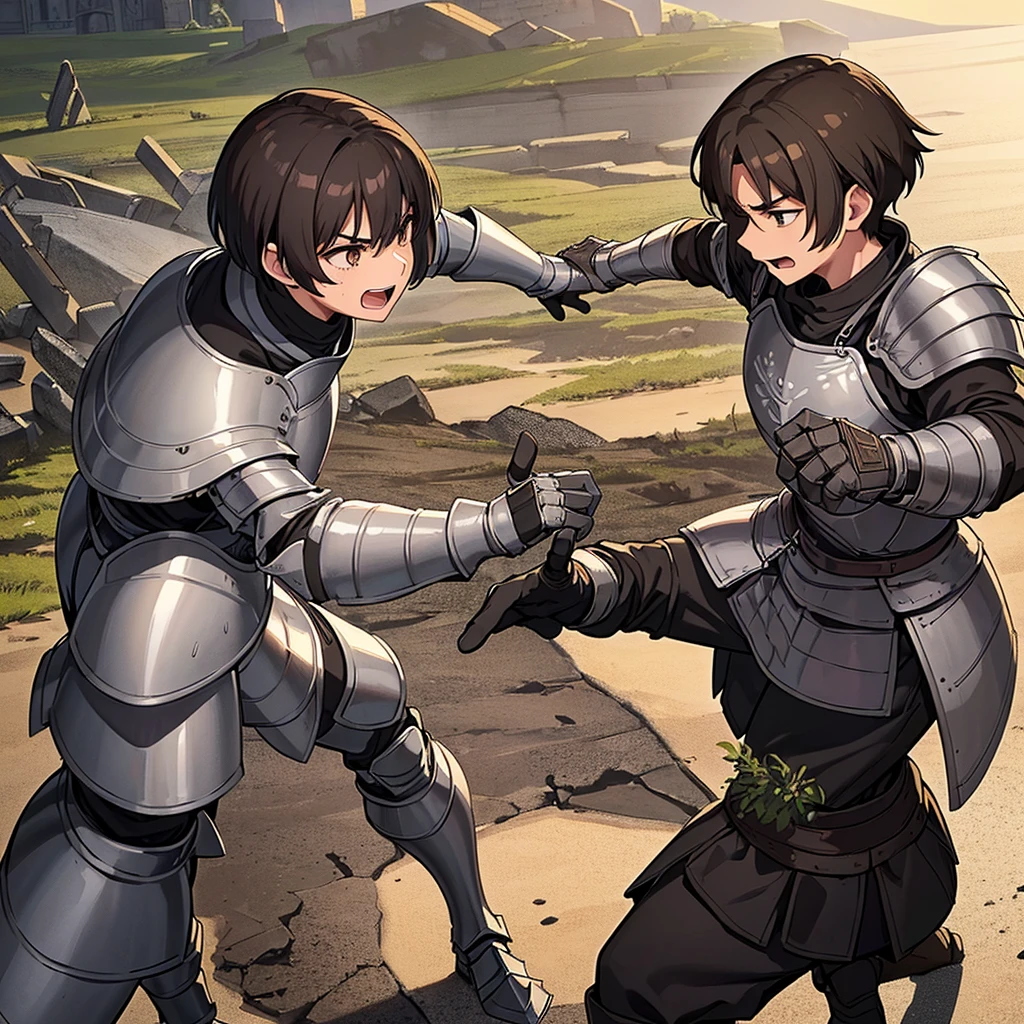 Best illustrations、Best Quality、(((Simple grey armor、Black trousers、Black gloves、Short Hair、Brown Hair、Plate Armor、20 year old man)))、(((Fighting stance)))、(Old ruins、desert。Grass)、Fall to the floor、(Black, muddy swamp)、(中世の騎士が10 people)、(Close your eyes、get annoyed、Open your mouth、Get angry)、(lots of medieval knights、10 people)、battlefield、(From above)、(White background)
