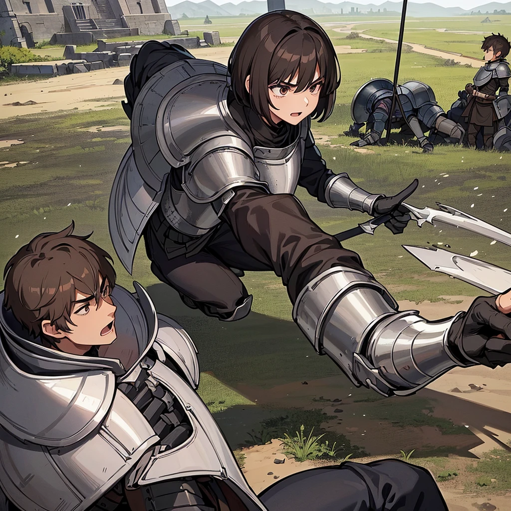 Best illustrations、Best Quality、(((Simple grey armor、Black trousers、Black gloveedium Hair、Brown Hair、Plate Armor、20 year old man)))、(((Fighting Pose)))、(Old ruins、desert。Grass)、Fall to the floor、(Black, muddy swamp)、(中世の騎士が10 people)、(Close your eyes、get annoyed、Open your mouth、Get angry、Sweat)、(lots of medieval knights、10 people)、battlefield、(back view)、(White background)