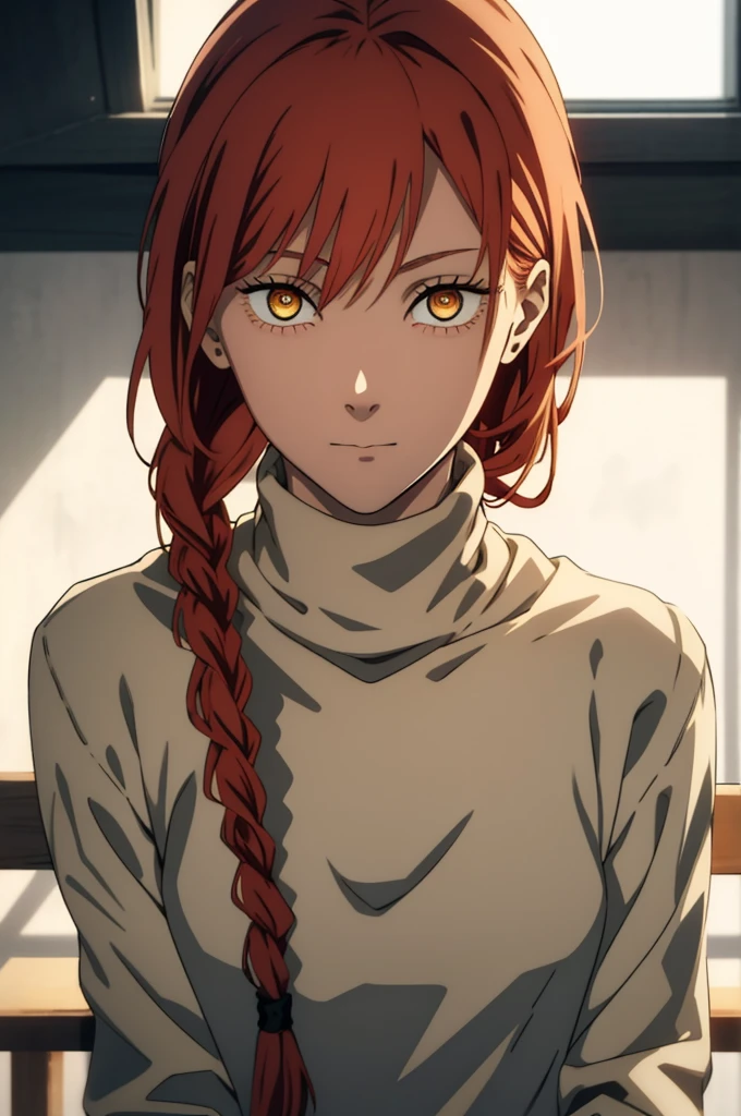 hand \(Chainsaw Man\),, One Girl, only, sit, Redhead, Long braided hair, Golden Eyes,, Mid-chest, Black turtleneck sweater, Perfect collarbone, （White lace panties）, (just:1.2), look up , (close:1.3), , Upper Body, Highest quality, Glowing Skin, Highest quality, High resolution, , bed