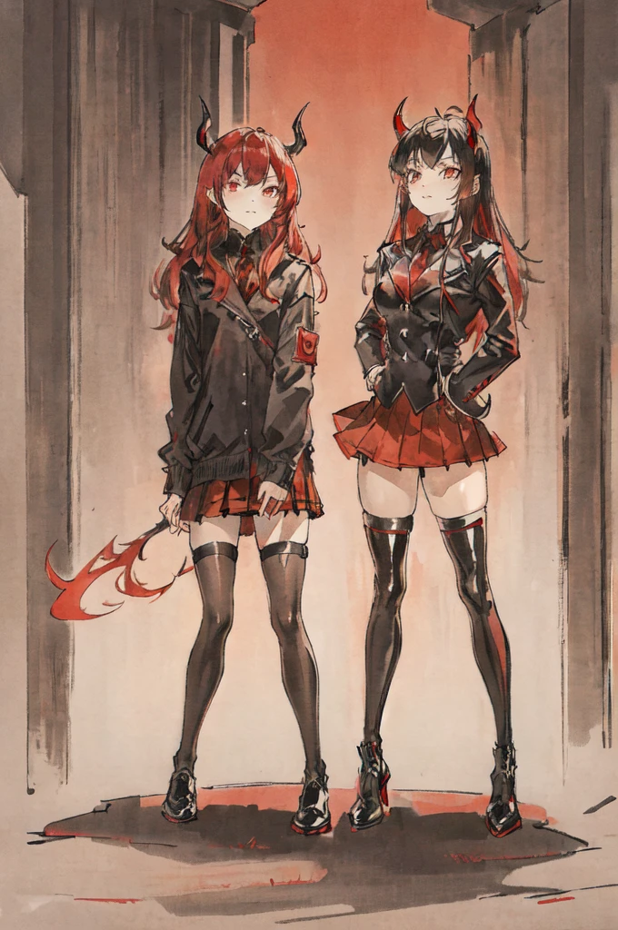 A little devil with long red hair and brown eyes, wearing a short skirt, leather shoes and black stockings, looks at you with a look of disgust.