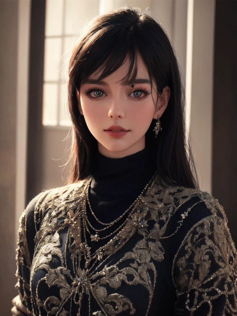 (best quality,4k,8k,highres,masterpiece:1.2),ultra-detailed,(realistic,photorealistic,photo-realistic:1.37),vibrant colors,dramatic lighting,award winning digital art a full body portrait of a beautiful girl, detailed intricate, serene expression, wearing sweater, detailed clothing folds, detailed jewelry, detailed background, 