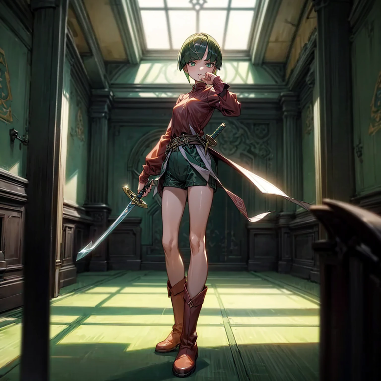 1girl, Full body version, 1character, green eyes, short haircut, green color hair, soldier style clothing, red colour clothing, boots, Grassroots, background indoor building city, motion blur, (detective conan style art), standing gesture, sword in hand 