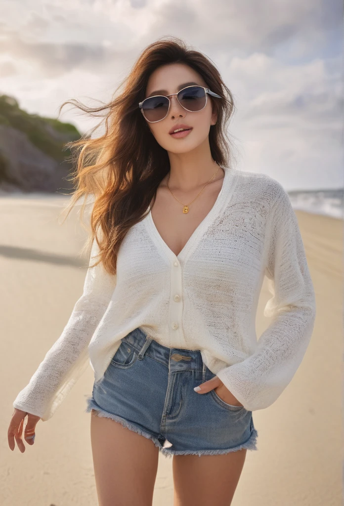 Hot woman with large thighs and showing nipples, with waving hair in beach