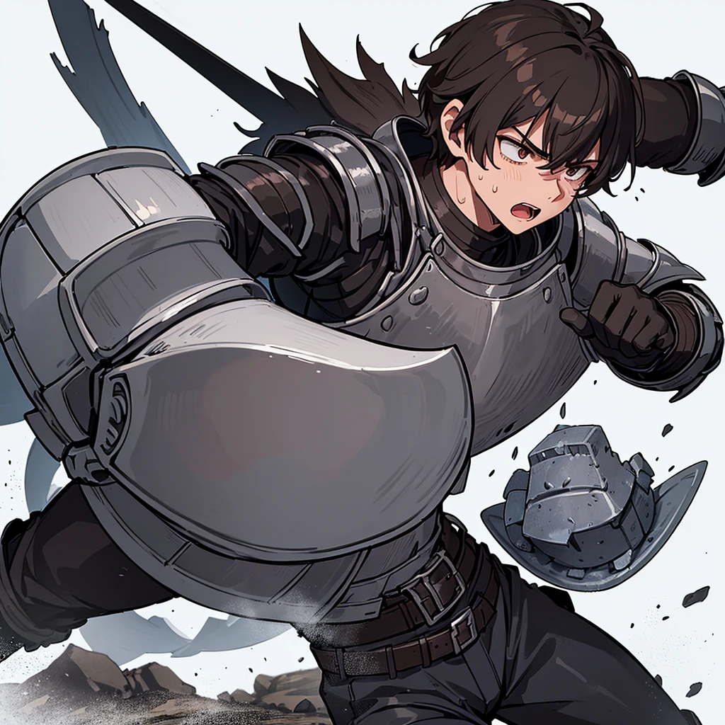 ((((Solo))))、((((Hold your shield))))、Best illustrations、Best Quality、(((Simple grey armor、Black trousers、Black gloves、Short Hair、Brown Hair、20 year old man)))、(Old ruins、desert。Grass)、(Black, muddy swamp)、(get annoyed、Open your mouth、Get angry)、battlefield、(White background)、(From the back、back view)