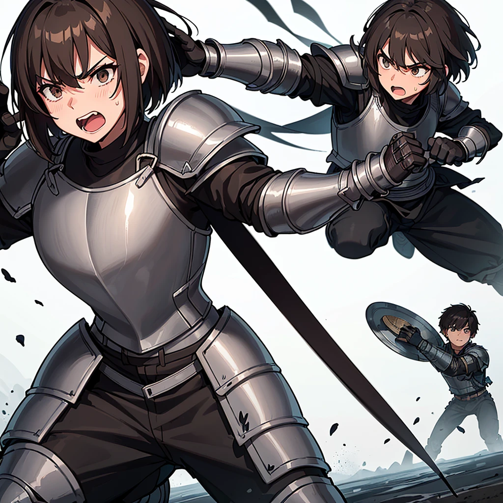 Best illustrations、Best Quality、(((Simple grey armor、Black trousers、Black gloves、Short Hair、Brown Hair、Plate Armor、20 year old man)))、(((Fighting Pose)))、(Old ruins、desert。Grass)、Fall to the floor、(Black, muddy swamp)、(中世の騎士が10 people)、(Close your eyes、get annoyed、Open your mouth、Get angry、Sweat)、(lots of medieval knights、10 people)、battlefield、(from the front)、(White background)