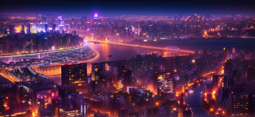 Aerial view of the city at night with a bridge over the river, Japanese city at night, Japan at night, Tokyo at Night, Tokyo in the background, Japanese city, Tokyo in the background, Tokyo is futuristic and clean, Tokyo, Modern Tokyo, Japonisme 3d 8k ultra detailed, Japan. Volumetric lighting, in Tokyo at Night