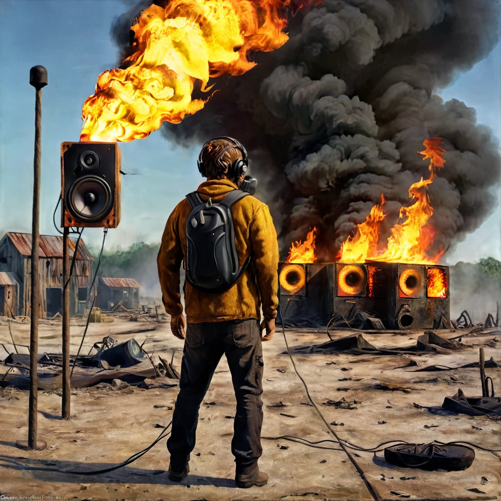 A man on fire made of fire with his back to the camera in a post-apocalyptic setting, floating loudspeakers, CGI style, close-up, realistic