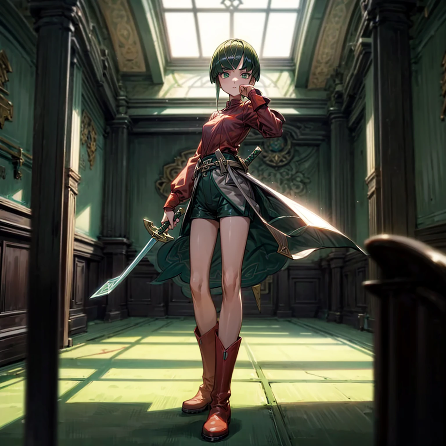 1girl, Full body version, 1character, green eyes, short haircut, green color hair, soldier style clothing, red colour clothing, boots, Grassroots, background indoor building city, motion blur, (detective conan style art), standing gesture, sword in hand 