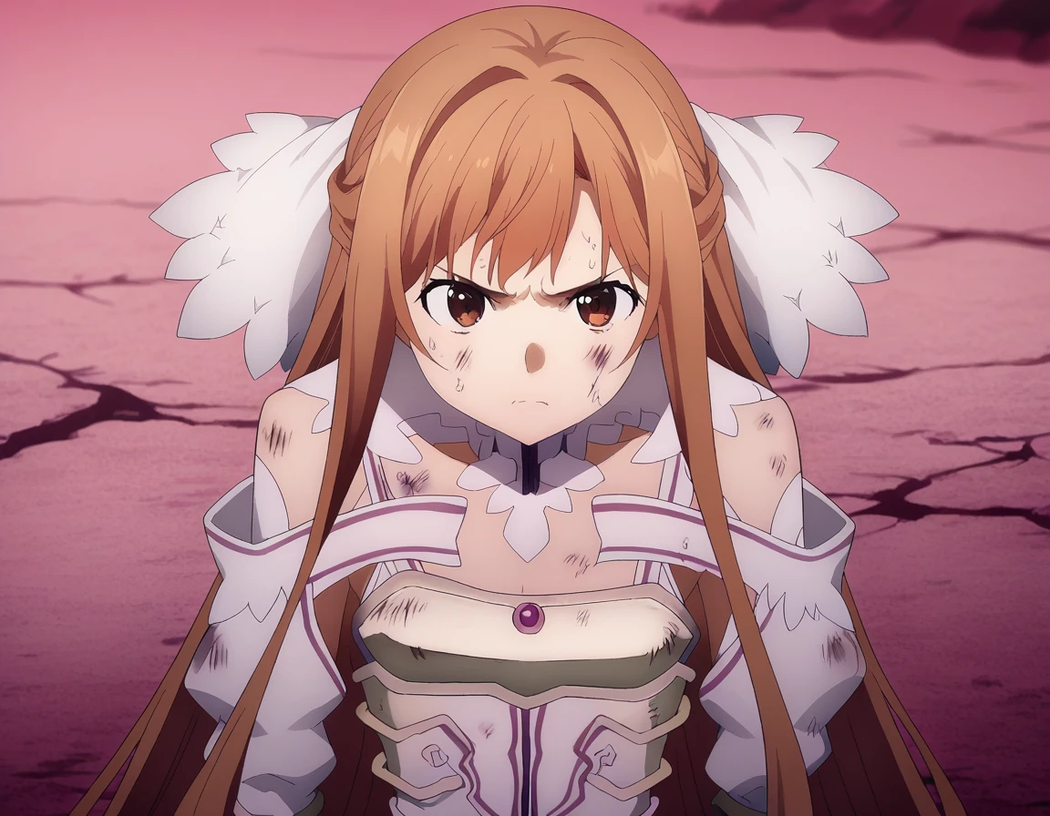 score_9, score_8_superior, score_7_superior, sauce_anime,
asunayuuki, As Yuuki, Long Hair, bangs, Brown Hair, Brown eyes, very Long Hair, Braiding, 
dress, Exposing shoulders, Removable sleeves, white dress, armor, One breast exposed through the breastplate, white armor,
Outdoor, wasteland, I had already finished, Frustrated face,
alone, View your viewers, Being raped