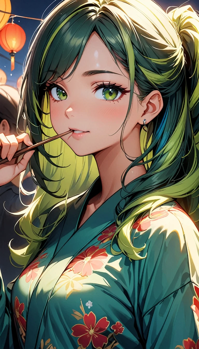 (highest quality:1.2, Very detailed, up to date, Vibrant, Ultra-high resolution, High Contrast, masterpiece:1.2, highest quality, Best aesthetics), Portraiture、girl、((25 years old:1.5)), (slim:1), ((25 years old:1.3)), (japanese traditional green yukata), floral pattern green yukata, eating stick candy, summer festival, bon dancee, long hair、ponytail, white and yellow green ((streaked hair:1.6)), highlights hair: 1.5, (small breast,:1) (tan skin:1.1), Bright colors、Beautiful fine details、Beautiful lip detail、cowboy shot, look at viewer