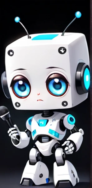 「Lost in the digital world」、A cartoon-style robot with a dice motif,A cute robot、Big eyes、Eyes closed expression、antenna、Electronic display panel on chest、Holding the microphone close to your mouth、whole body、Background is white、Mouth closed