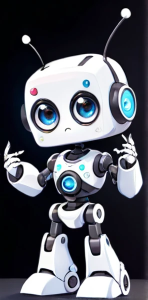 「Lost in the digital world」、A cartoon-style robot with a dice motif,A cute robot、Big eyes、Eyes closed expression、antenna、Electronic display panel on chest、Holding the microphone close to your mouth、whole body、Background is white、Mouth closed