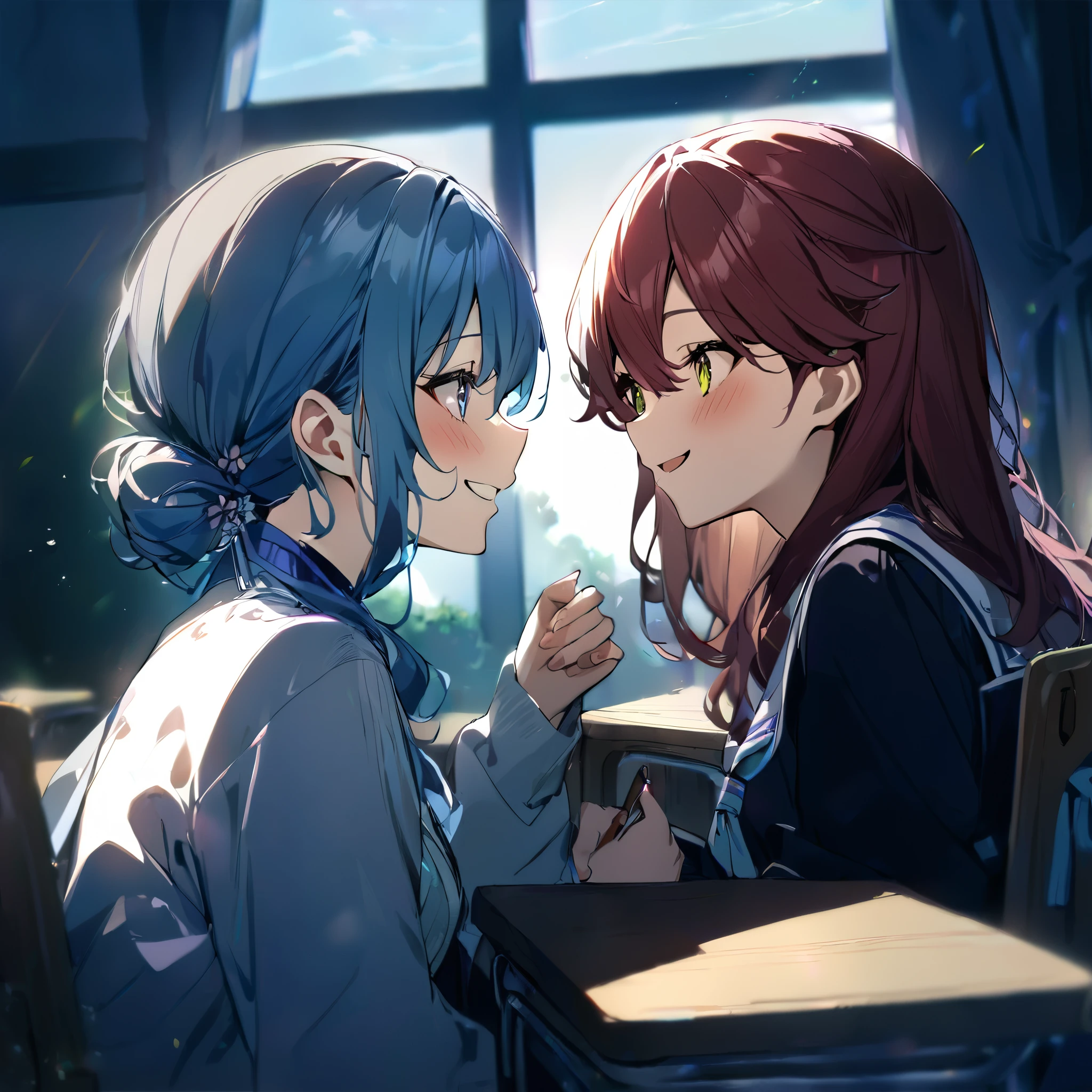 (((2girls))), together, two people, masterpiece, best quality, integrated scenery, integrated background, extremely delicate and beautiful, meticulous details, good composition, glowing eyes, beautiful eyes, cute face, perfect face, perfect hands, fingernails, sakura miko, SakuraMiko, HoshimachiSuisei, hoshimachi suisei, blurry background, sunlight, light blush, ((school)), upper body, looking each other, smile, sitting on chair, , (talking each other),in_school