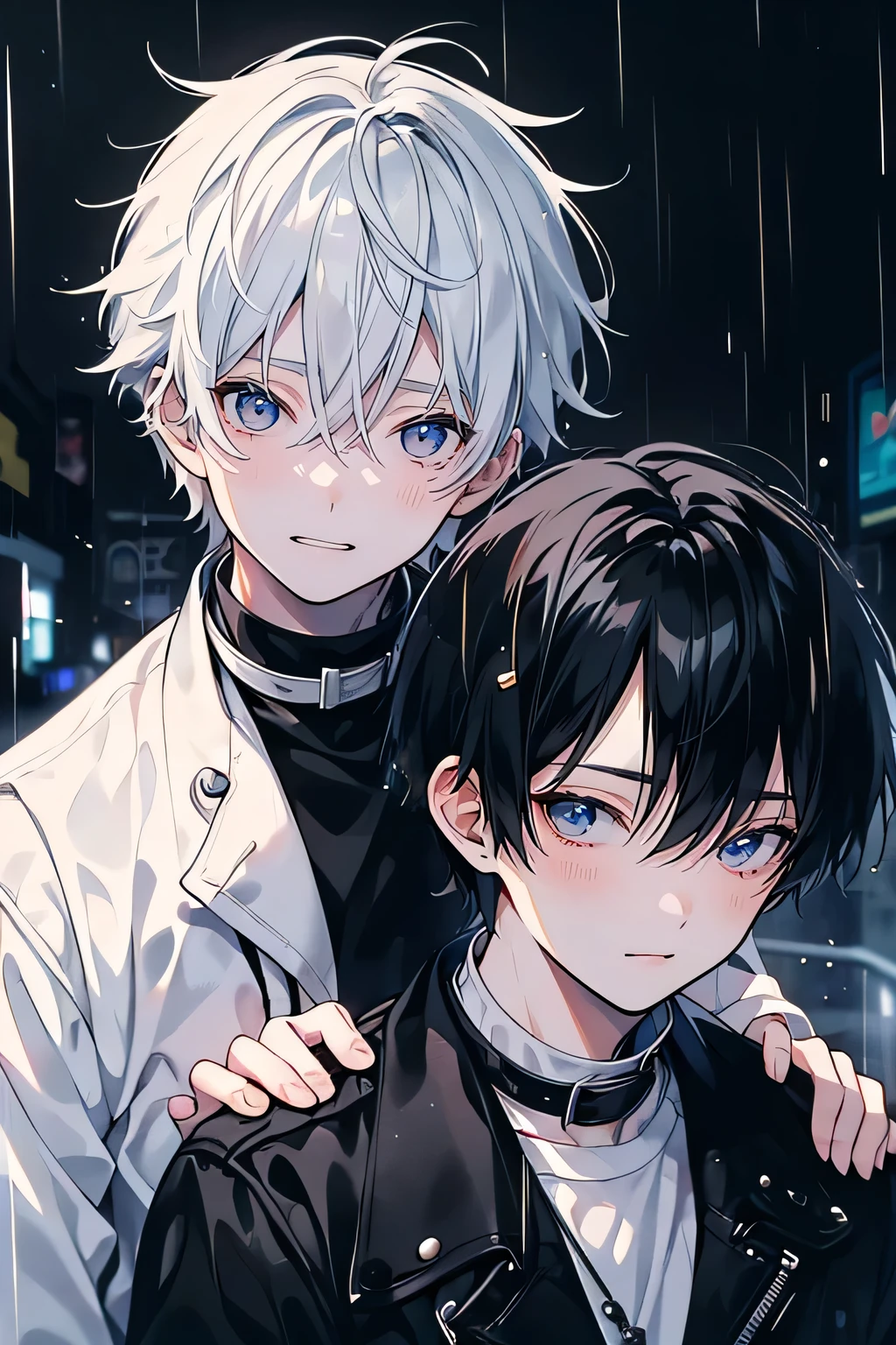 (Piece Fly), (best quality), Very detailed, ((Two friendly men)), Perfect face, Pretty Face, Very detailed face,(Black-haired man:1.3),(White haired man:1.3),Smile,in the rain,on the street,blur background