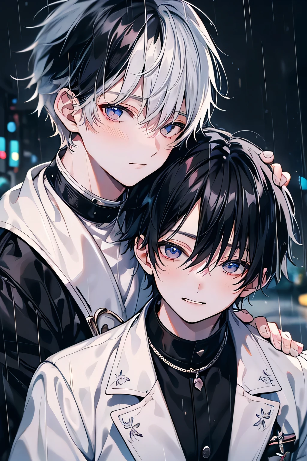 (Piece Fly), (best quality), Very detailed, ((Two friendly men)), Perfect face, Pretty Face, Very detailed face，(Black-haired man:1.3)，(White haired man:1.3)，Smile，in the rain，on the street，blur background